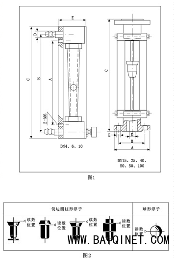 玻璃轉(zhuǎn)子流量計(jì)的尺寸圖