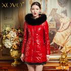 XOVO 大碼女裝新款韓版修身狐貍毛領(lǐng)帶帽真皮羽絨服綿羊皮衣中長